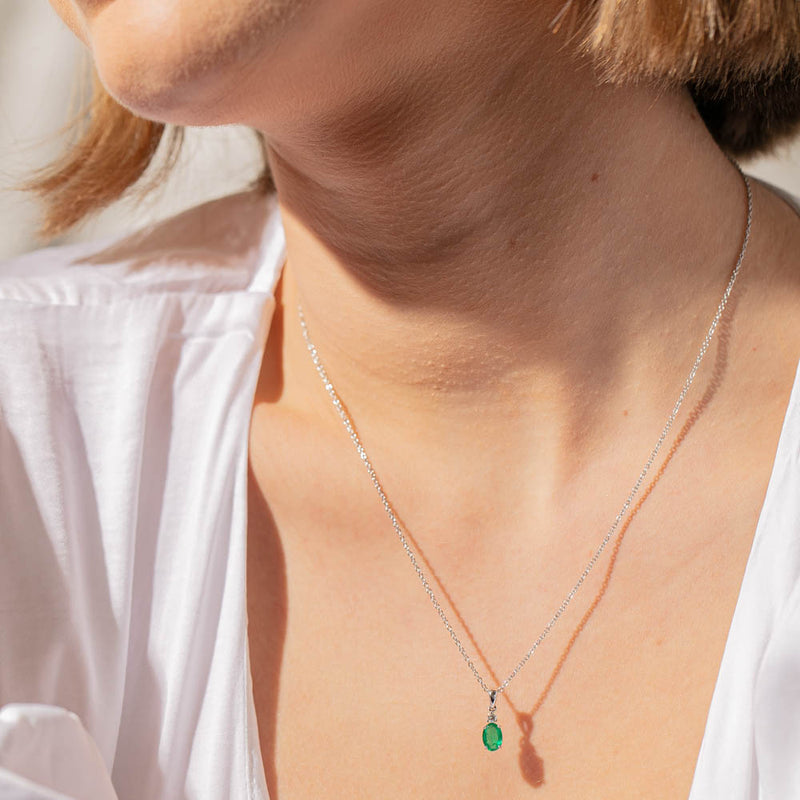 18ct White Gold Emerald & Diamond Pendant-Necklace-Walker & Hall