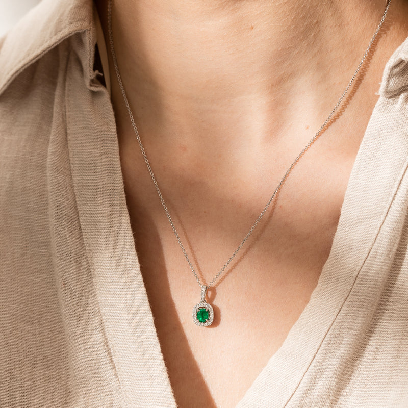 18ct White Gold .59ct Emerald & Diamond Pendant-Necklace-Walker & Hall