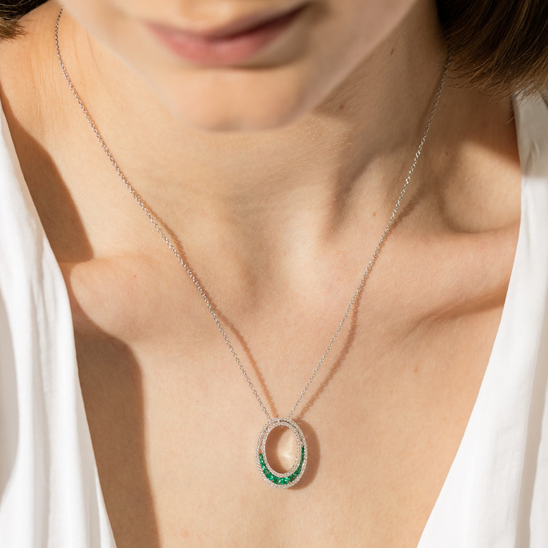 18ct White Gold .39ct Emerald & Diamond Pendant-Necklace-Walker & Hall