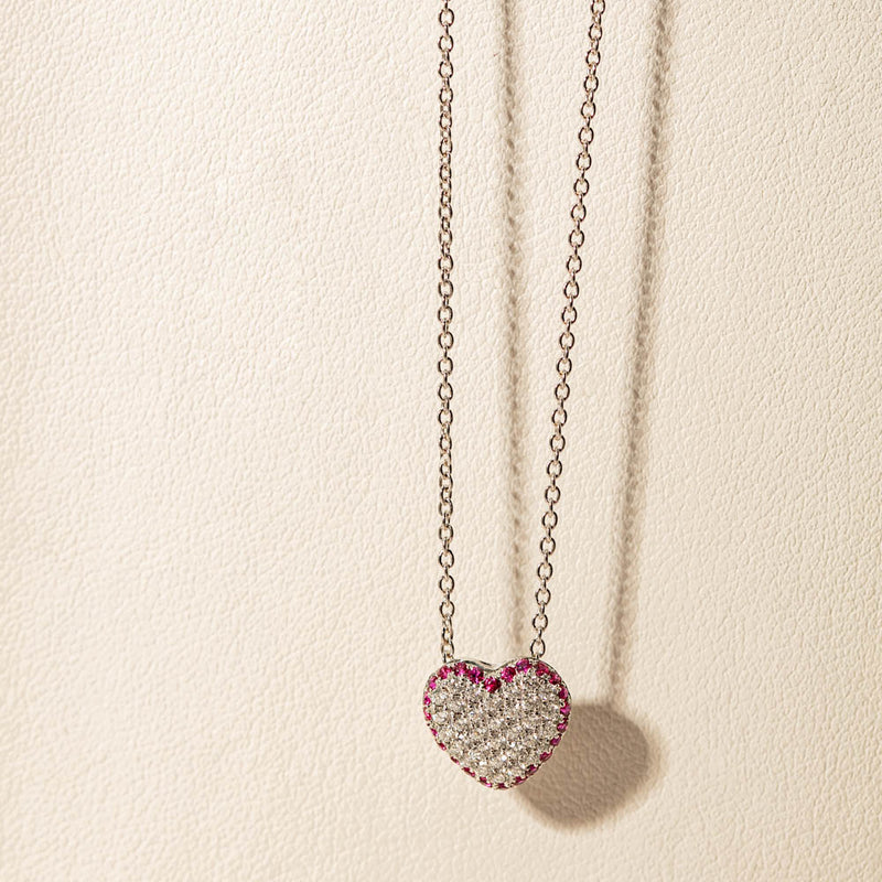 18ct White Gold Ruby & Diamond Corazon Pendant-Necklace-Walker & Hall