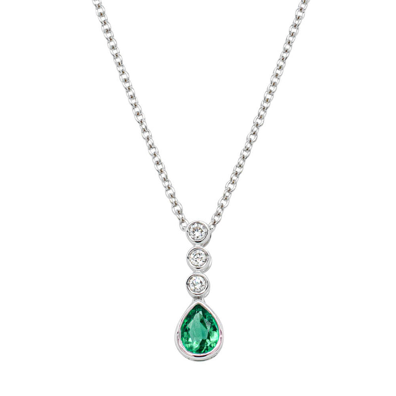 18ct White Gold Emerald & Diamond Pendant-Necklace-Walker & Hall