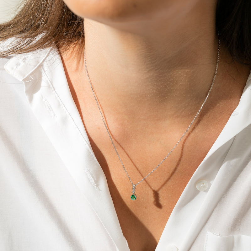18ct White Gold Emerald & Diamond Pendant-Necklace-Walker & Hall