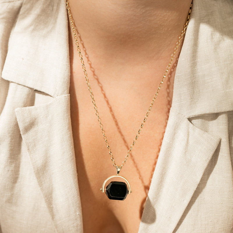 9ct Yellow Gold Onyx Spinner Pendant With Chain-Necklace-Walker & Hall