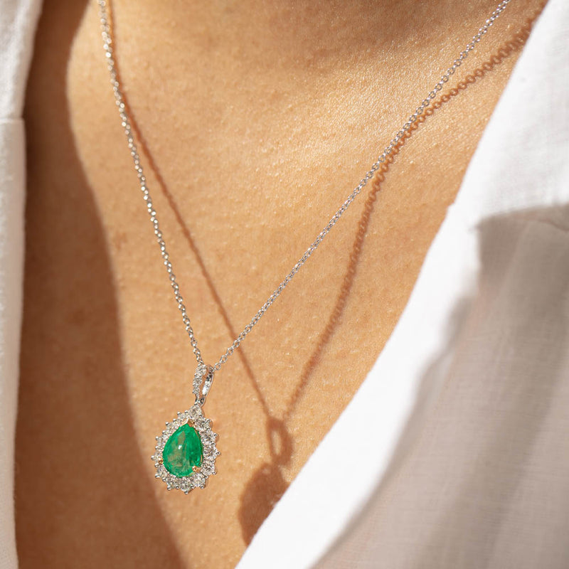 18ct White Gold Emerald & Diamond Belle Pendant-Necklace-Walker & Hall