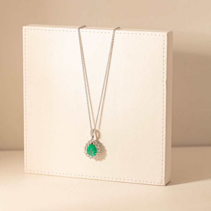 18ct White Gold Emerald & Diamond Belle Pendant-Necklace-Walker & Hall