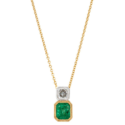 18ct Yellow & White Gold Emerald & Diamond Pendant-Necklace-Walker & Hall