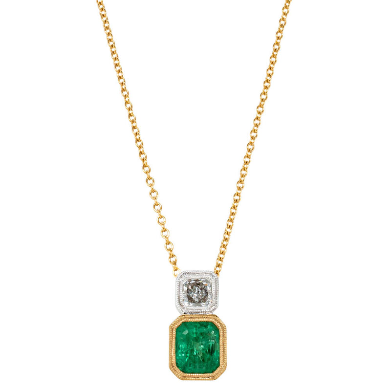 18ct Yellow & White Gold Emerald & Diamond Pendant-Necklace-Walker & Hall
