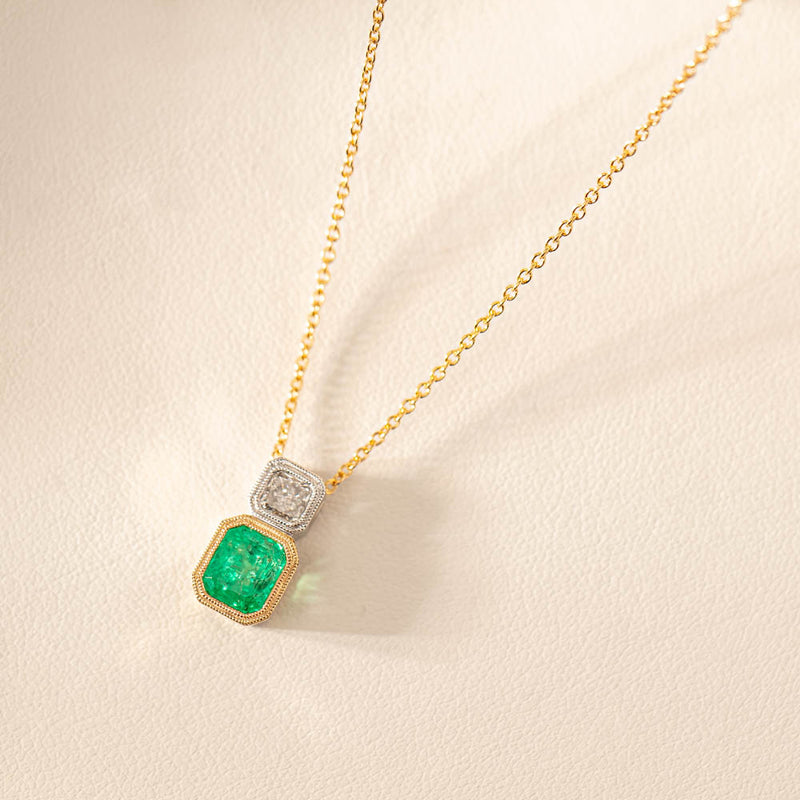 18ct Yellow & White Gold Emerald & Diamond Pendant-Necklace-Walker & Hall