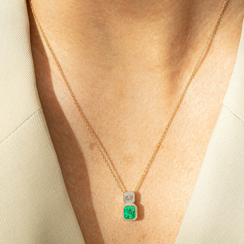 18ct Yellow & White Gold Emerald & Diamond Pendant-Necklace-Walker & Hall