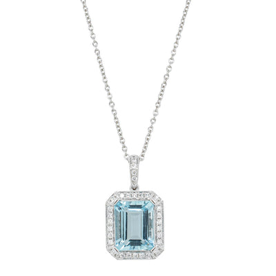 18ct White Gold 2.68ct Aquamarine & Diamond Empire Pendant-Necklace-Walker & Hall