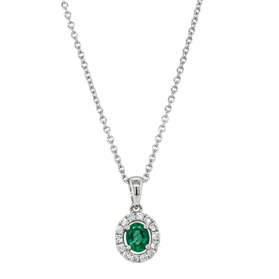 18ct White Gold Emerald & Diamond Pendant-Necklace-Walker & Hall
