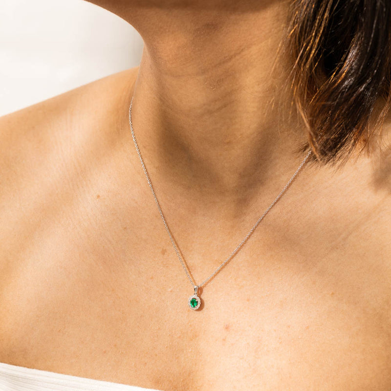 18ct White Gold Emerald & Diamond Pendant-Necklace-Walker & Hall