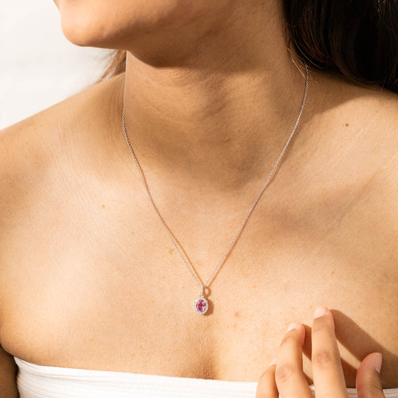 18ct White Gold .85ct Pink Sapphire & Diamond Pendant-Necklace-Walker & Hall