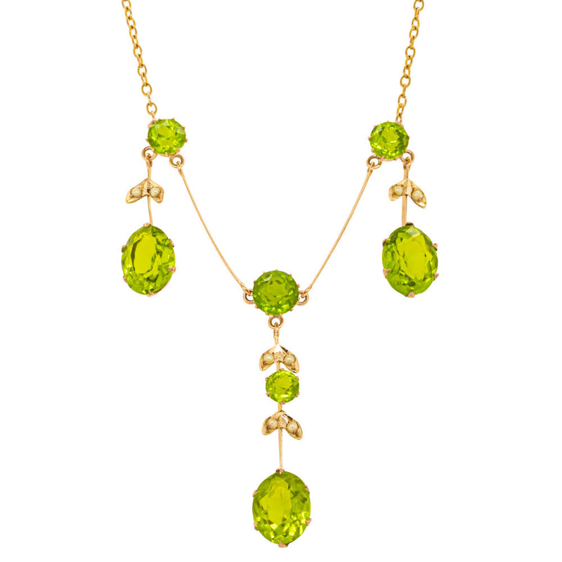 Vintage 13ct Yellow Gold Green Glass & Seed Pearl Pendant-Necklace-Walker & Hall