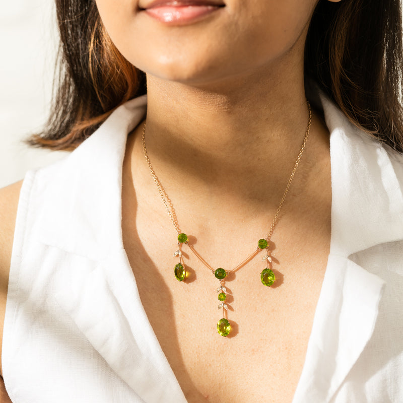 Vintage 13ct Yellow Gold Green Glass & Seed Pearl Pendant-Necklace-Walker & Hall