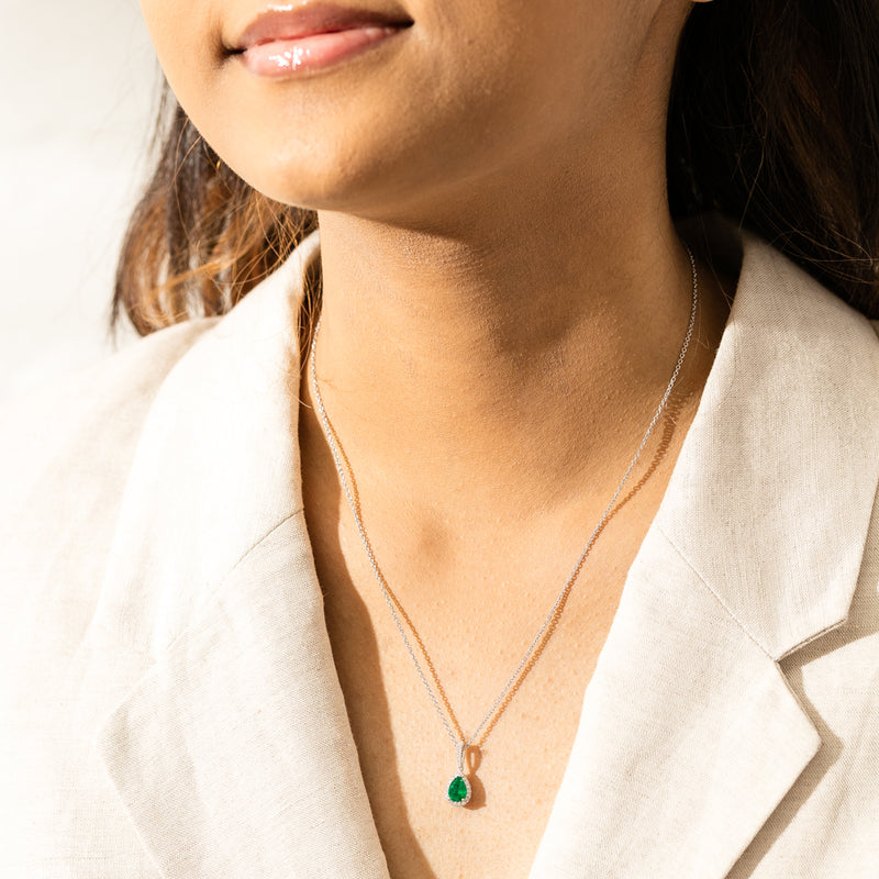 18ct White Gold Emerald & Diamond Mini Sierra Pendant-Necklace-Walker & Hall