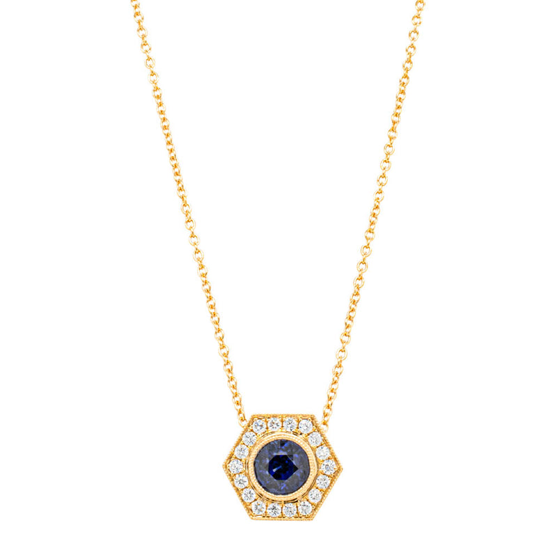 18ct Yellow Gold 1.53ct Sapphire & Diamond Pendant-Necklace-Walker & Hall
