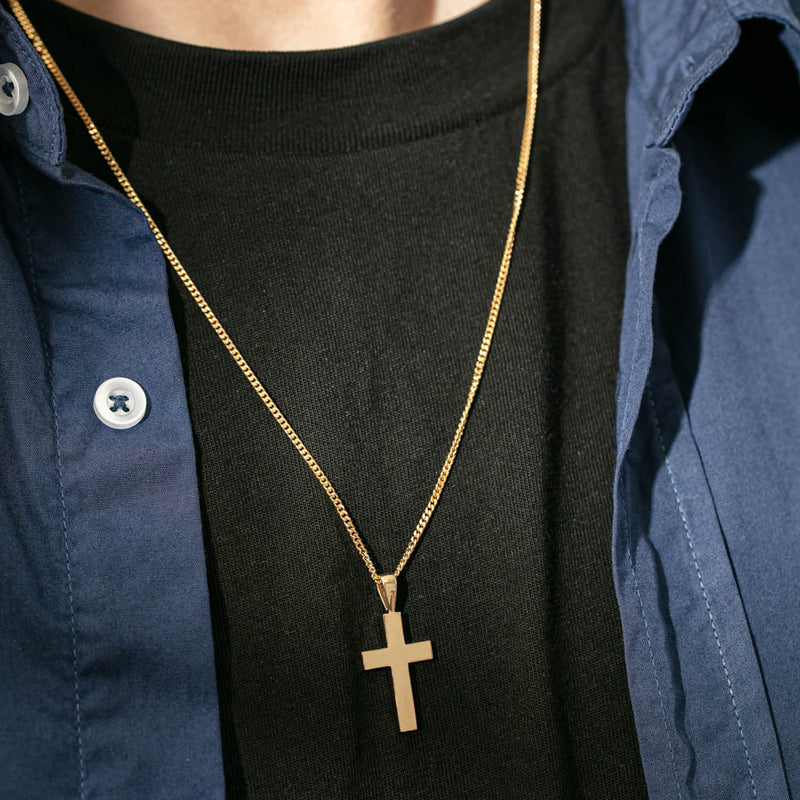 9ct Yellow Gold Cross Pendant with Curb Chain-Necklace-Walker & Hall