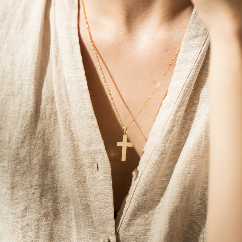 9ct Yellow Gold Cross Pendant with Curb Chain-Necklace-Walker & Hall