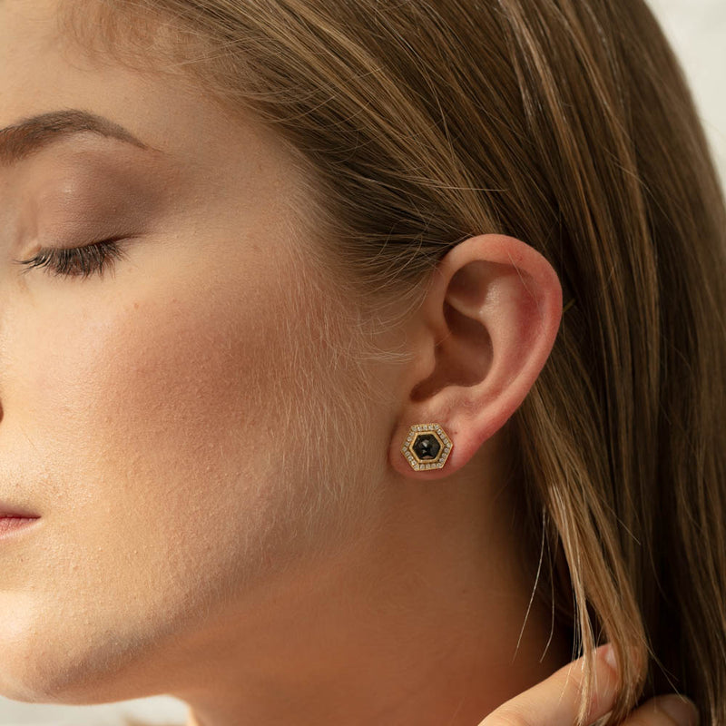 18ct Yellow Gold Black Diamond Halo Earrings-Earrings-Walker & Hall