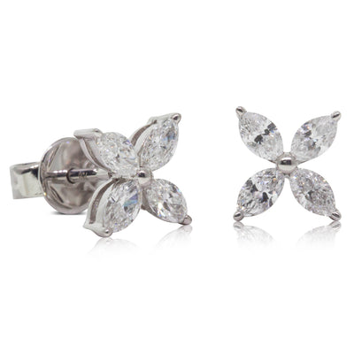 18ct White Gold Diamond Flower Earrings-Earrings-Walker & Hall