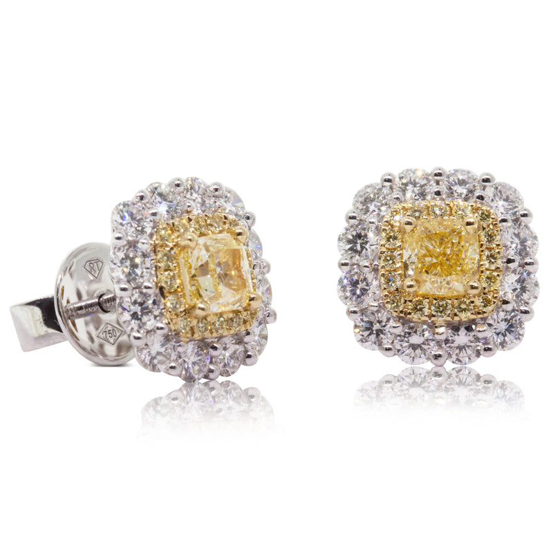 18ct White & Yellow Gold Yellow Diamond Halo Earrings-Earrings-Walker & Hall