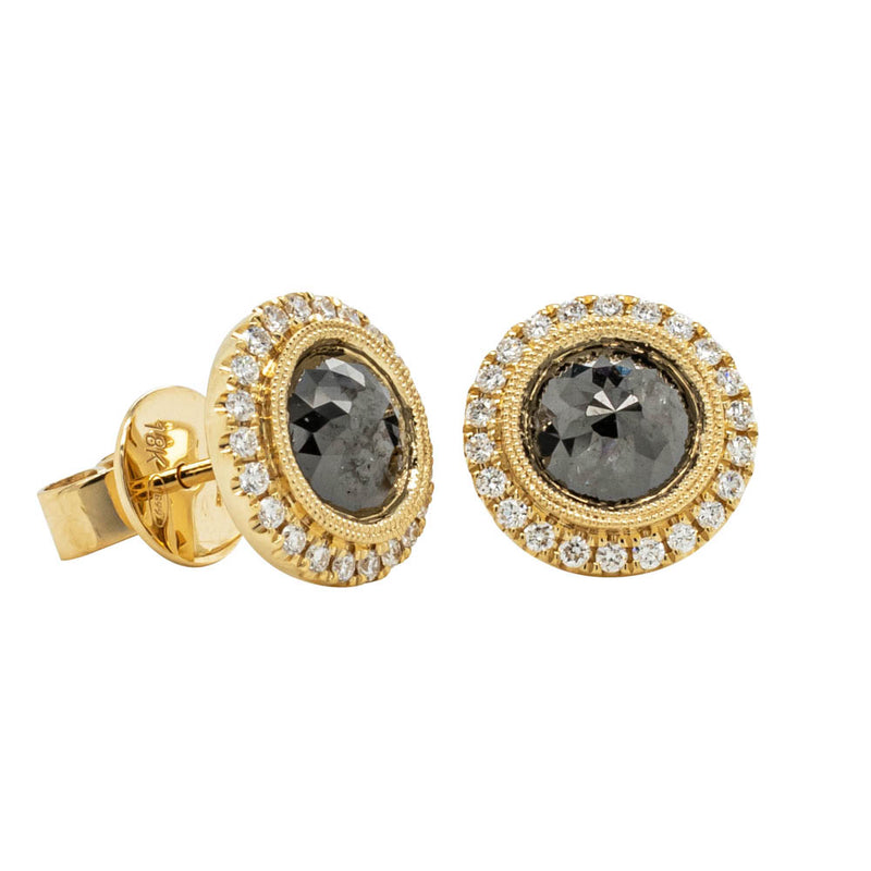 18ct Yellow Gold Black Diamond Halo Earrings-Earrings-Walker & Hall
