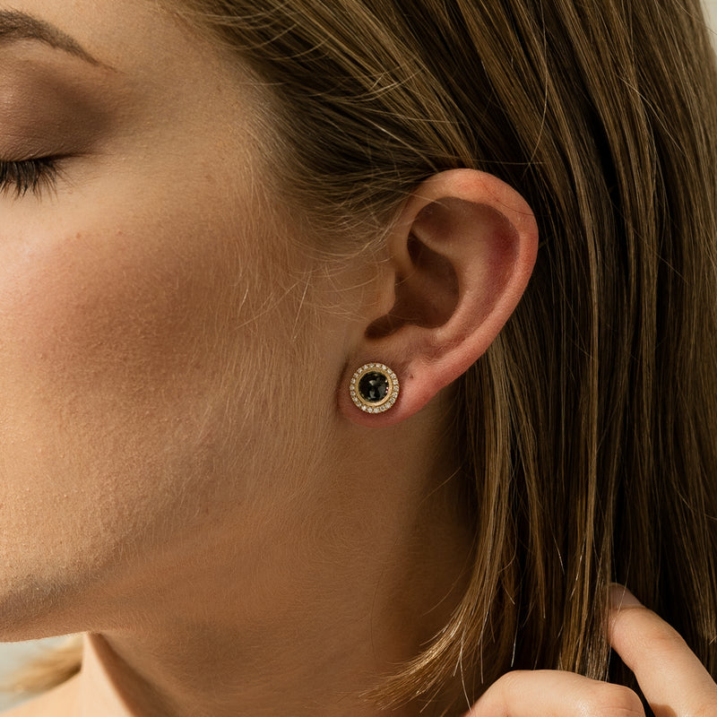 18ct Yellow Gold Black Diamond Halo Earrings-Earrings-Walker & Hall