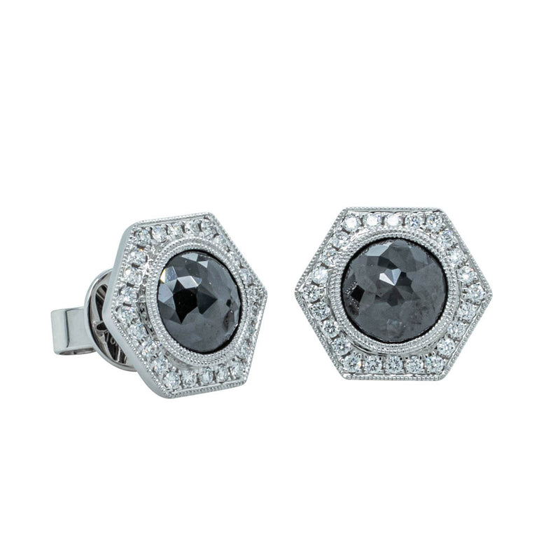 18ct White Gold Black Diamond Halo Stud Earrings-Earrings-Walker & Hall