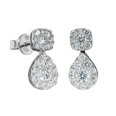 18ct White Gold Diamond Cluster Drop Earrings-Earrings-Walker & Hall