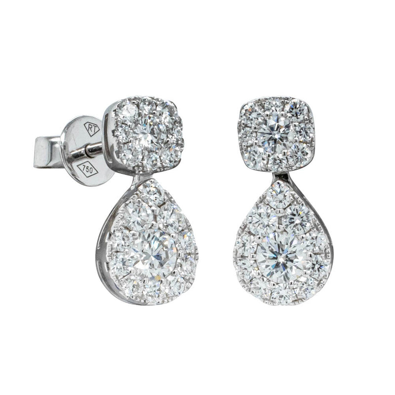 18ct White Gold Diamond Cluster Drop Earrings-Earrings-Walker & Hall
