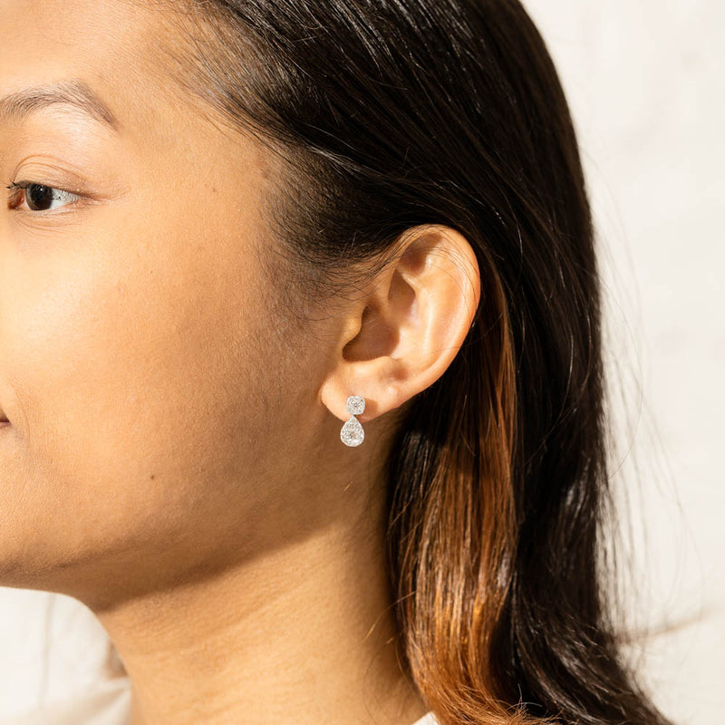 18ct White Gold Diamond Cluster Drop Earrings-Earrings-Walker & Hall