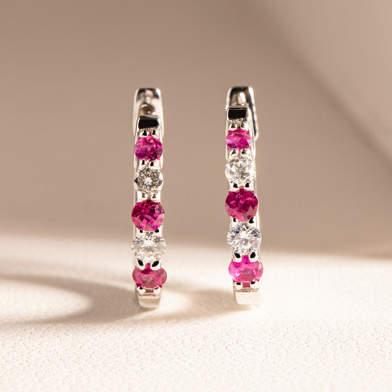9ct White Gold Ruby & Diamond Huggie Earrings-Earrings-Walker & Hall