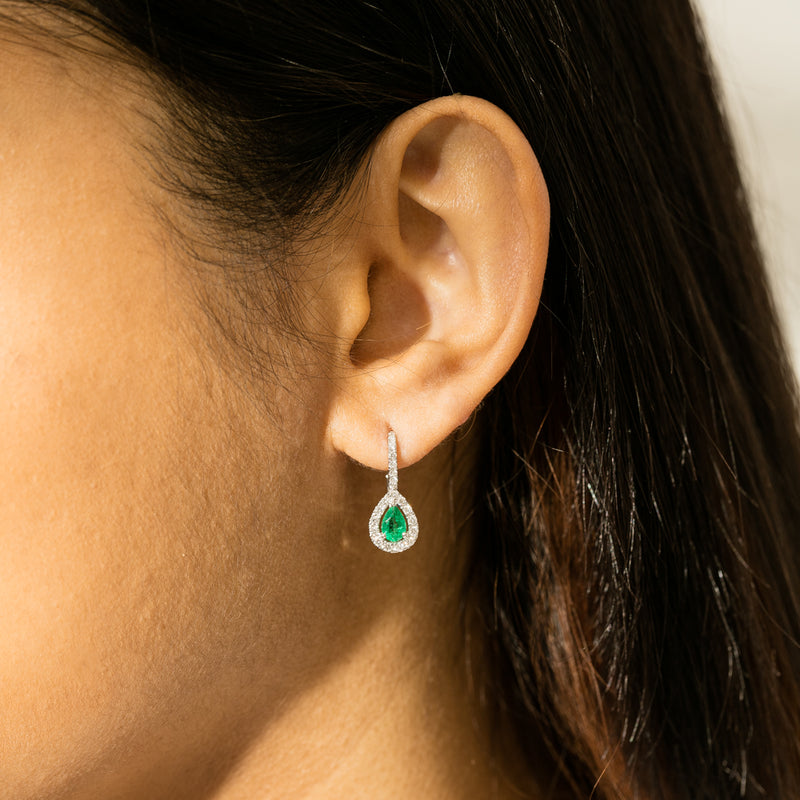 18ct White Gold Emerald & Diamond Huggie Drop Earrings-Earrings-Walker & Hall