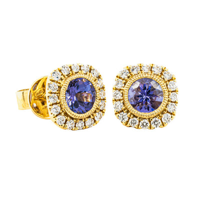 18ct Yellow Gold Tanzanite & Diamond Halo Stud Earrings-Earrings-Walker & Hall