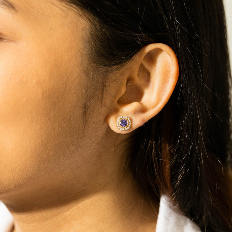 18ct Yellow Gold Tanzanite & Diamond Halo Stud Earrings-Earrings-Walker & Hall