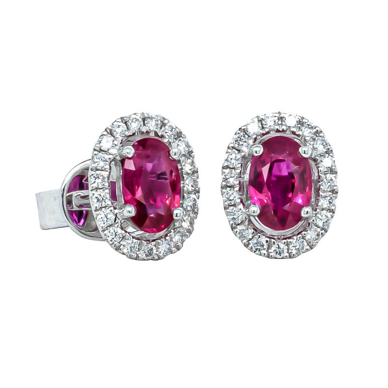 18ct White Gold Ruby & Diamond Halo Earrings-Earrings-Walker & Hall