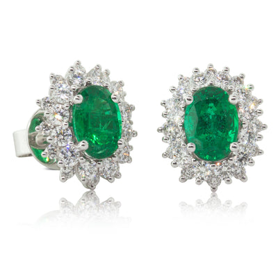 18ct White Gold Emerald & Diamond Earrings-Earrings-Walker & Hall