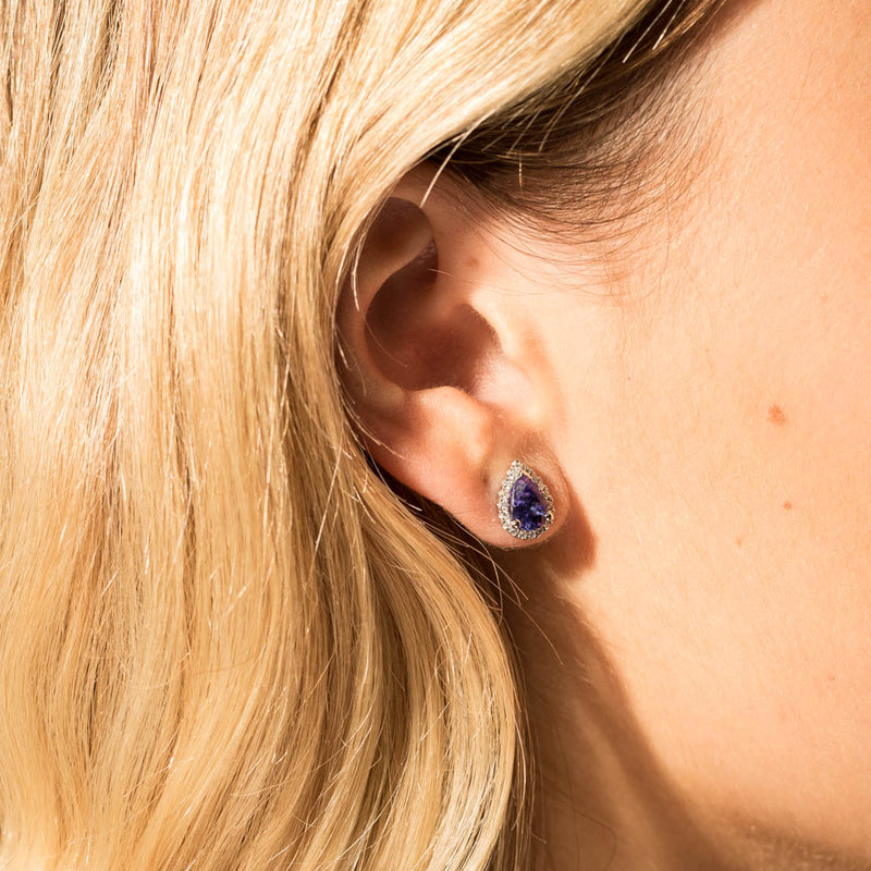 18ct White Gold Tanzanite & Diamond Halo Earrings-Earrings-Walker & Hall