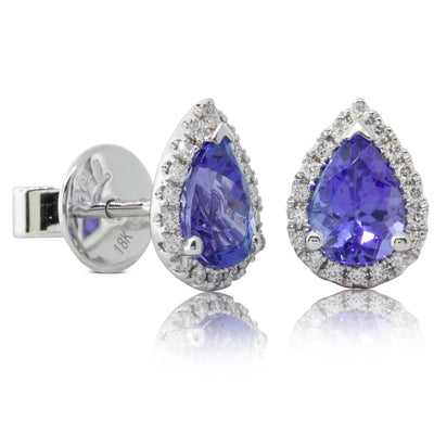 18ct White Gold Tanzanite & Diamond Halo Earrings-Earrings-Walker & Hall