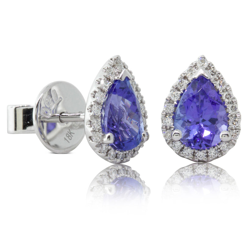 18ct White Gold Tanzanite & Diamond Halo Earrings-Earrings-Walker & Hall
