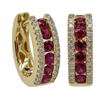 18ct Yellow Gold Ruby & Diamond Huggie Earrings-Earrings-Walker & Hall
