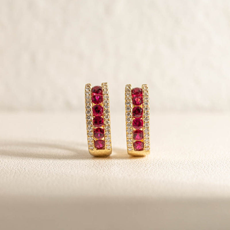 18ct Yellow Gold Ruby & Diamond Huggie Earrings-Earrings-Walker & Hall