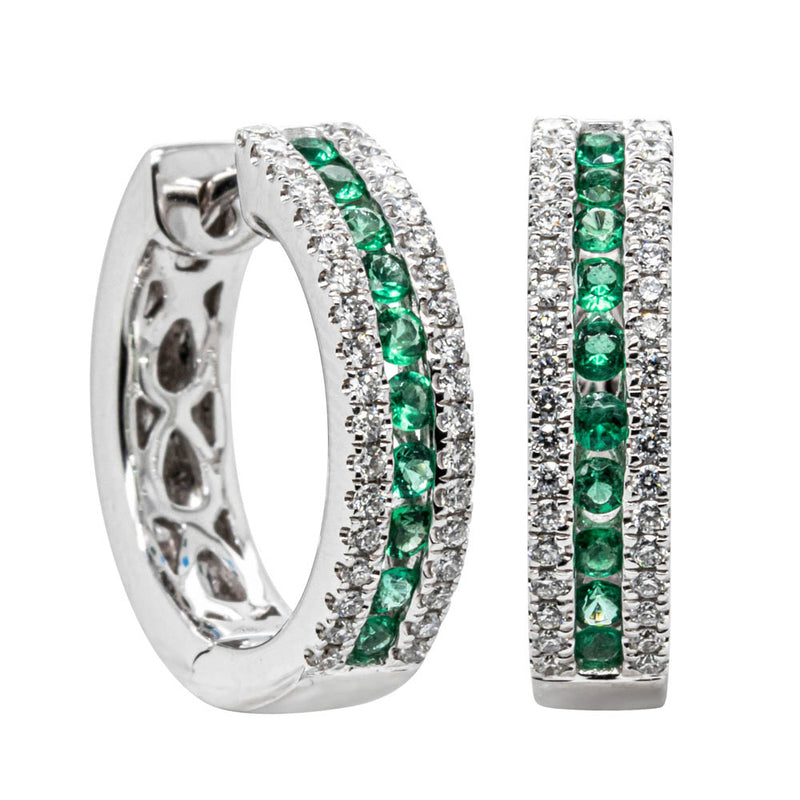 18ct White Gold Emerald & Diamond Hoop Earrings-Earrings-Walker & Hall