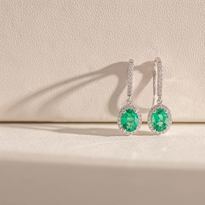 18ct White Gold Emerald & Diamond Mini Sierra Earrings-Earrings-Walker & Hall