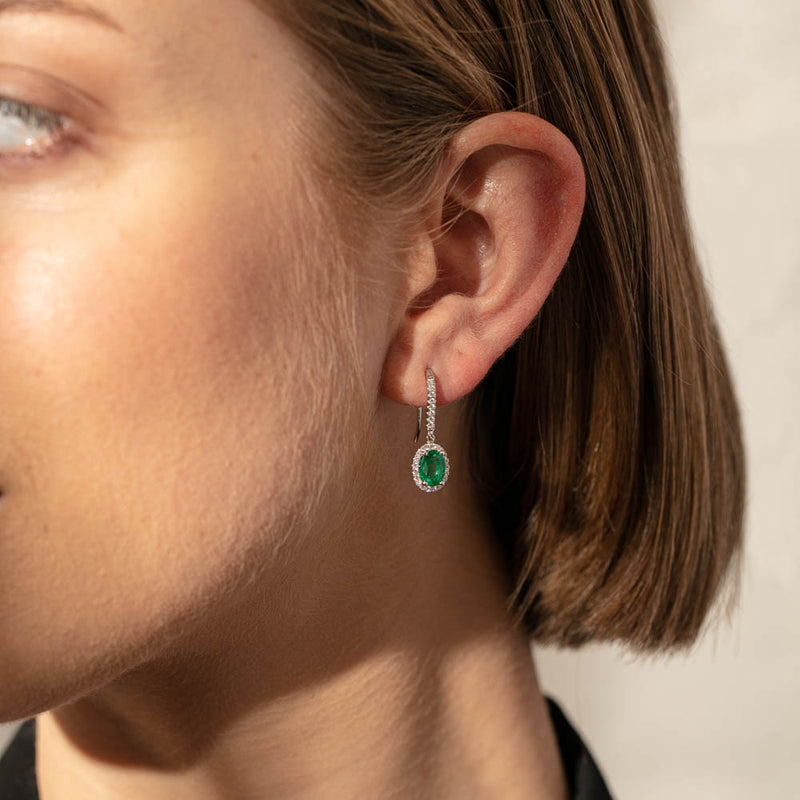 18ct White Gold Emerald & Diamond Mini Sierra Earrings-Earrings-Walker & Hall