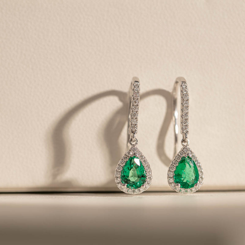 18ct White Gold 1.12ct Emerald & Diamond Mini Sierra Earrings-Earrings-Walker & Hall