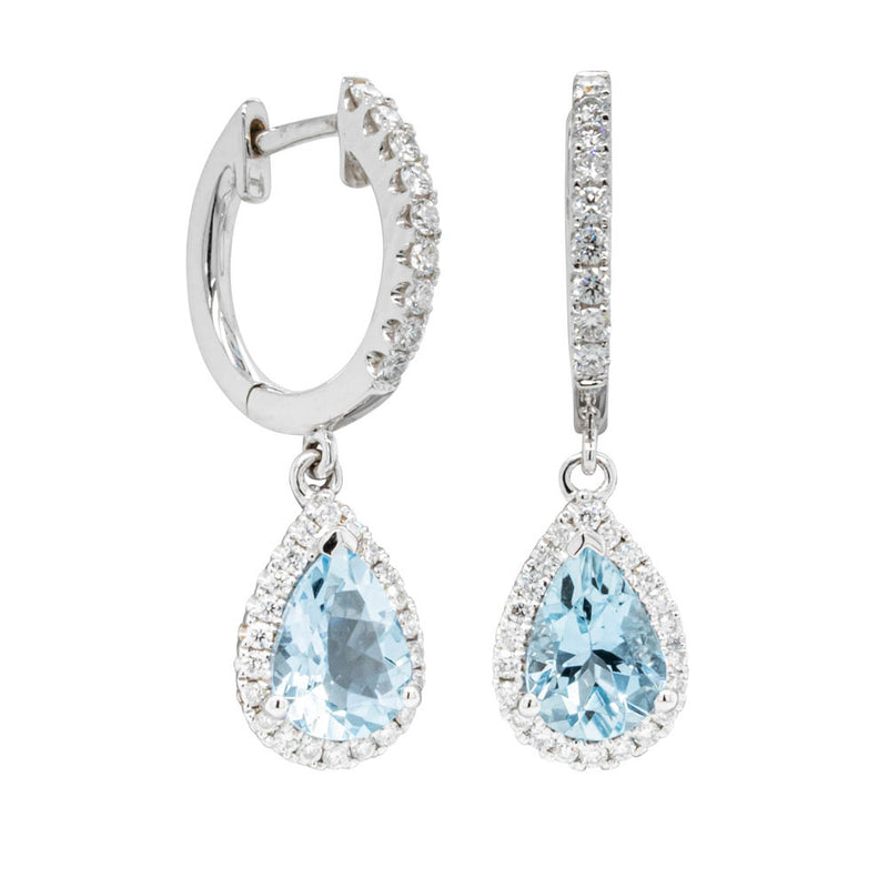 18ct White Gold Aquamarine & Diamond Drop Earrings-Earrings-Walker & Hall