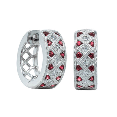 18ct White Gold Ruby & Diamond Honour Hoop Earrings-Earrings-Walker & Hall