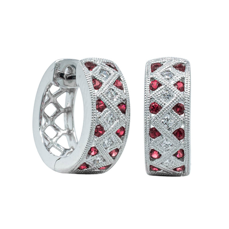 18ct White Gold Ruby & Diamond Honour Hoop Earrings-Earrings-Walker & Hall